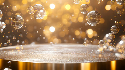 Poster - Abstract glittering podium with bokeh background and floating transparent bubbles