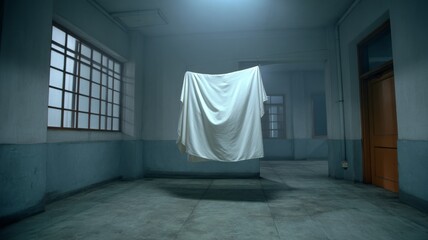 Poster - Ethereal White Fabric Suspended in Dark Abandoned Room with Soft Natural Light and Shadow Play
