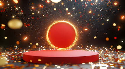 Poster - Festive red podium with golden confetti and glowing circle for celebrations and product showcase