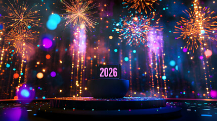 Poster - Spectacular new year 2026 celebration with vivid fireworks and futuristic stage
