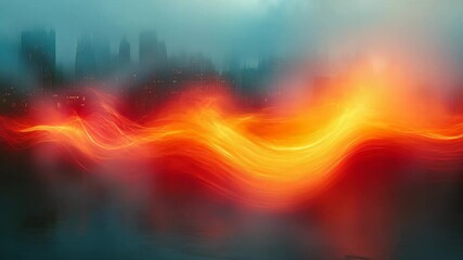 Poster - In the dusky glow of twilight, vibrant orange waves dance amidst a shrouded city backdrop, merging colors and fog into a magical visual experience that enchants the senses and ignites the imagination.