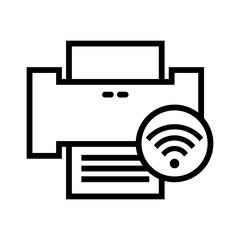 Leinwandbilder - Black and white icon of a printer emitting a wireless signal, with a document showing horizontal lines, symbolizing connected printing.