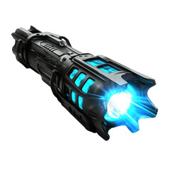 Poster - Sleek, dark gray futuristic weapon emitting vibrant cyan energy from its front, detailed with intricate mechanical designs and glowing blue accents