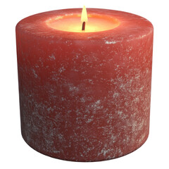 Poster - A lit, cylindrical candle with a rustic, reddish-pink hue and a slightly textured surface.  The flame is small and centered