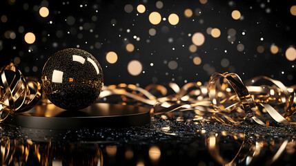 Poster - Elegant black and gold christmas ornament with glittering bokeh background
