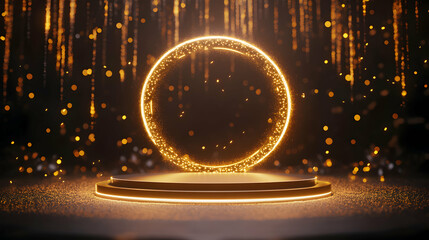 Aufkleber - Golden illuminated stage with circle portal and bokeh background for presentations