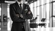 © 순단 강 - Black & white tone office blurred background, man in polite posture with hands gathered from right