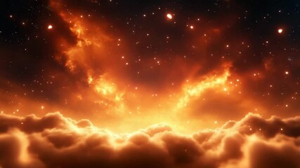 Wall Mural - Glowing orange nebula with bright stars above soft clouds creating warm magical cosmic atmosphere space fiery orange nebula with glowing stars and cosmic clouds creating dramatic vibrant space scene