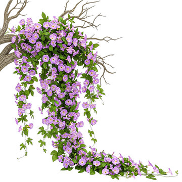 Cascading purple morning glory vine isolated on transparent background