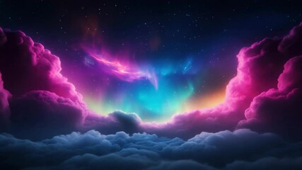 Wall Mural - Colorful night sky vibrant pink clouds glowing aurora above soft dark clouds magical dreamy atmosphere filled with stars cosmic light vibrant blue star glowing cloud aurora night sky colorful pink