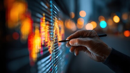 Poster - Global Market Analysis: Hand Interacting with Data Visualization on a Screen at Night