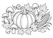 © Valeriya - Pumpkin with mushrooms and corn autumn coloring sheet. Harvest celebration design for kids’ fall fun.