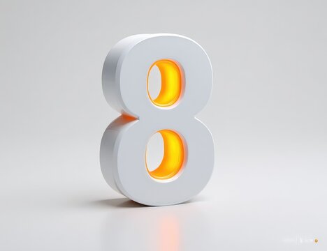 3D rendered white number eight with orange inner glow