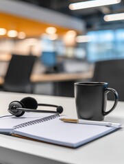 Poster - A workspace featuring a notebook, pen, headset, and coffee cup in a modern office setting