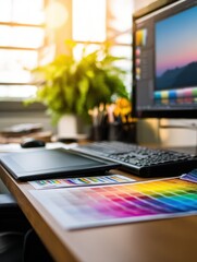 Poster - Vibrant workspace with color swatches, computer screen, and greenery in a sunlit office