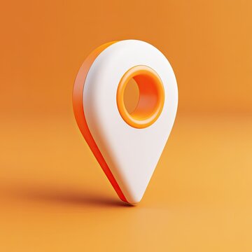 Rendered location pin white face, orange border and inner hole against an orange backdrop