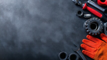 Poster - Tools and Safety Gear Arranged on a Dark Surface, Ideal for Industrial or DIY Projects