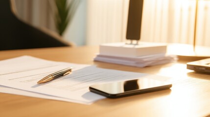 Poster - Close-up of a desk with documents, a pen, and a smartphone in soft evening light