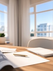Poster - A cozy workspace with a wooden desk, papers, and a pen, overlooking a sunny urban view