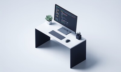 Poster - Developer's Computer Displays Code on Desk at Work, symbolizing software development in a clean, minimalist design with copy space.