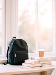 Poster - Cozy study corner with a black backpack, stacked books, and a refreshing drink by the window