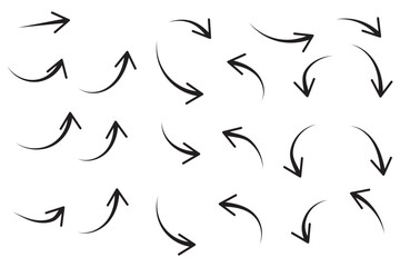 Poster - Set of black hand drawn arrows isolated on white. Vector illustration. Hand drawn doodle sketch style. Decoration for web design