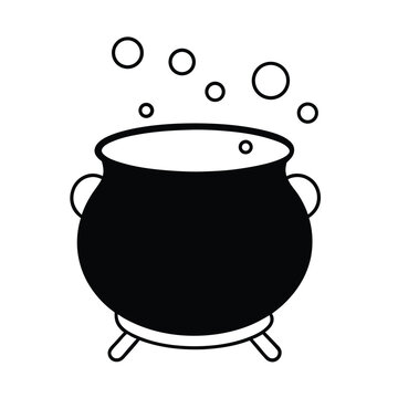 A classic bubbling cauldron illustration with magical green potion and steam set against a clean white background for easy integration