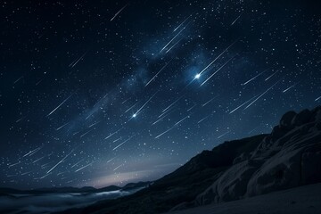 Wall Mural - Realistic meteor shower in dark night sky above mountain landscape, long light trails, star-filled sky, dramatic and peaceful.