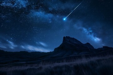 realistic meteor shower in dark night sky above mountain landscape, long light trails, star-filled s