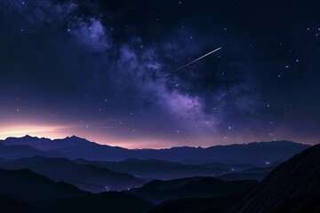 realistic meteor shower in dark night sky above mountain landscape, long light trails, star-filled s