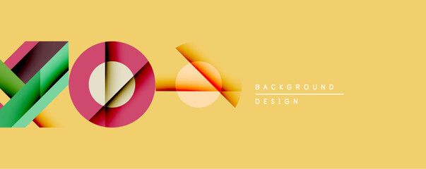 Poster - Abstract geometric composition. Overlapping shapes create dynamic visual effect. Warm yellow backdrop complements vibrant red, green hues. Modern design element.