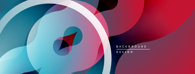 Poster - Abstract design features layered circles, flowing shapes. Colors include blue, red, purple gradients. Modern aesthetic, clean lines.
