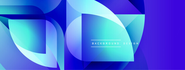 Poster - Abstract geometric shapes, blue gradients, modern design. Overlapping layers create depth, vibrant visual effect. Background elements present.