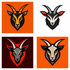 Poster - Four stylized goat head illustrations with varied color schemes and background designs shown here now