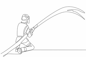 Poster - Continuous one line drawing firefighter squats while holding a fire hose that sprays water. Pouring water on the hot part. International Firefighters Day. Single line draw design vector illustration