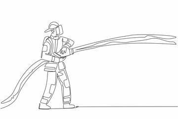 Poster - Continuous one line drawing firefighter standing holding a fire hose that sprays water. Focus on work. Prevent the spread. International Firefighters Day. Single line draw design vector illustration