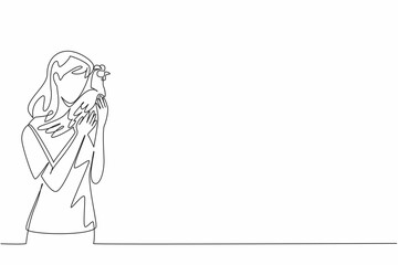 Poster - Single one line drawing a woman hugging a hen. It is the laying season. Waiting with affection. Poultry. Together. International Respect for Chickens Day. Continuous line design graphic illustration