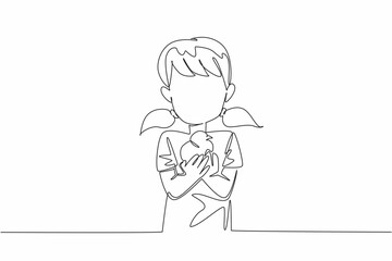 Poster - Continuous one line drawing girl holding chick with both hands. Playing with adorable chicks. Livestock. Animal pet. International Respect for Chickens Day. Single line draw design vector illustration