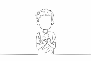 Poster - Single continuous line drawing boy holding chick with both hands. Newly hatched chicks. Carried with great care. Protection. International Respect for Chickens Day. One line design vector illustration