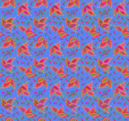 Wall Mural - Delightful seamless floral pattern with fabulous coleus leaves, tiny flowers and berries on iridescent lidht blue background. Beautiful boho print for fabric. Indian motifs.