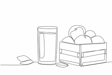 Poster - Continuous one line drawing wooden box containing piles of oranges and orange juice in glasses. Enjoy the harvest immediately. National Orange Juice Day. Single line draw design vector illustration
