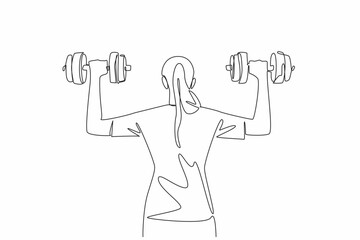 Poster - Single one line drawing a young woman lifting a dumbbell with each hand. Maintain health by actively exercising. Sweat and healthy. National Fitness Day. Continuous line design graphic illustration