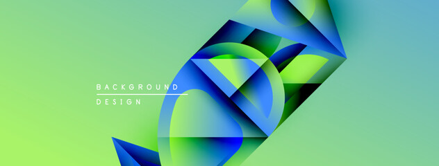 Poster - Abstract design features vibrant blue, green gradients. Fluid shapes overlap creating dynamic composition. Light reflects off surfaces. Modern aesthetic.