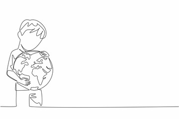 Poster - Single continuous line drawing the boy hugging globe. A symbol of keeping tightly. Not making air pollution. Protecting the earth from damage. Care. World Give Day. One line design vector illustration