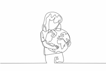 Poster - Continuous one line drawing girl hugging globe. A symbol of great affection. Take part in protecting the environment. Do not litter. Care. World Give Day. Single line draw design vector illustration
