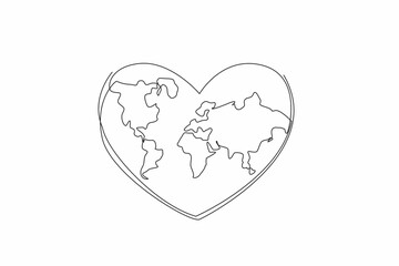 Poster - Single one line drawing heart in the middle there is a world map. Earth in the frame of love. Full of love and friendship. No conflict. World Give Day. Continuous line design graphic illustration