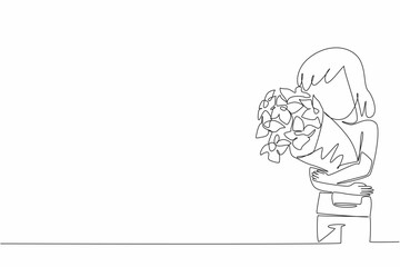 Poster - Single one line drawing girl hugging bouquet of flowers. A sign of concern for fellow human beings. Give each other a positive impression. World Give Day. Continuous line design graphic illustration
