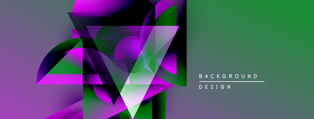 Poster - Abstract geometric shapes overlap, creating vibrant purple, green gradients. Modern design elements suggest dynamic visual experience.