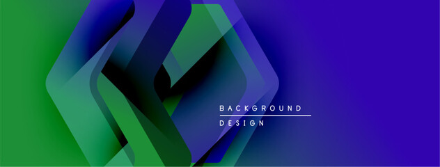 Poster - Abstract geometric shapes overlap, creating vibrant blue, green gradients. Text reads background design in white. Modern, dynamic visual composition.