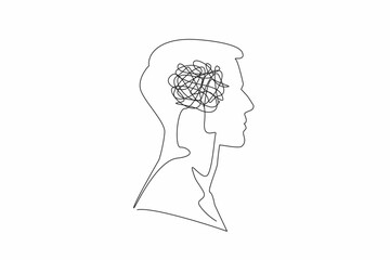 Poster - Continuous one line drawing the head of a man with a tangled wire in the middle of his head. Too many problems. Involute. Complex. Inside the Head of Man. Single line draw design vector illustration